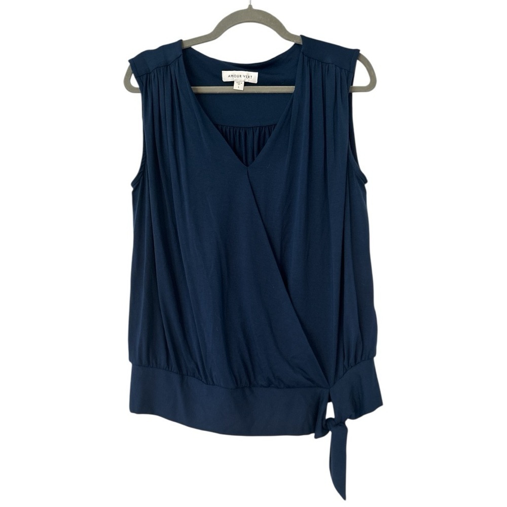 Amour Vert Simone Dream Knit V-Neck Sleeveless Wrap Top in Navy Blue Size Large - Picture 2 of 5